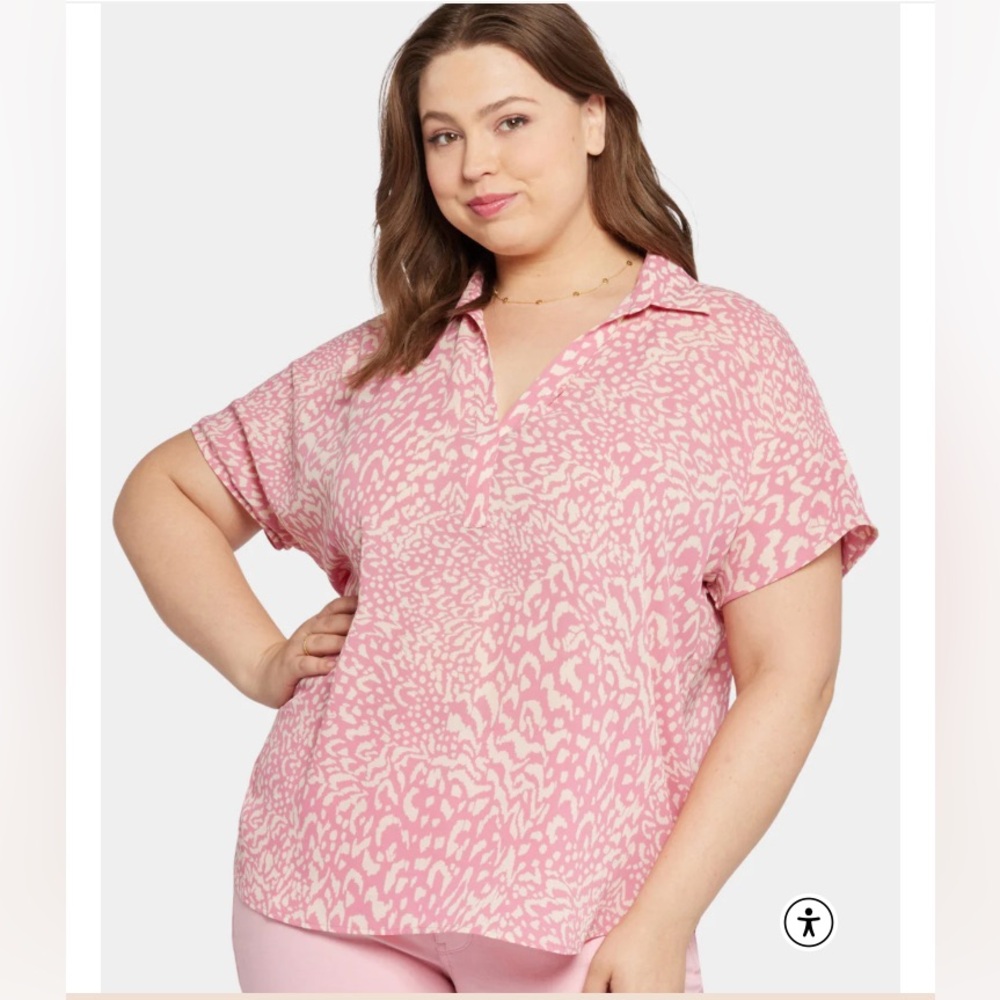 NYDJ NEW Alana pink pattern pintuck short sleeve blouse plus 1X XXL $89 retail